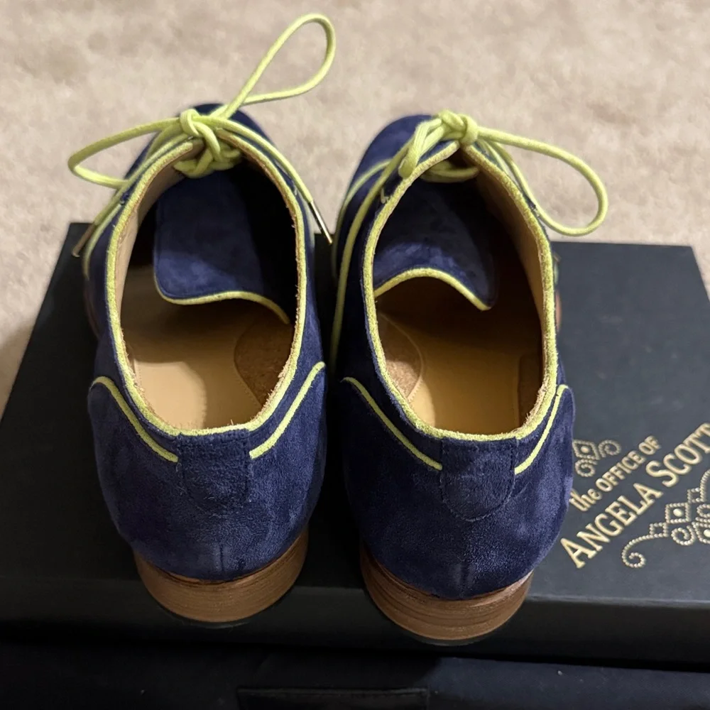 Angela Scott Navy Suede Lace-Up Loafers with Lime Trim - Picture 3 of 7